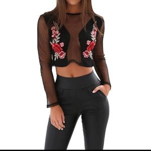 Mesh Floral Embroidery Women Crop Top