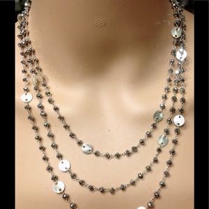 Long Necklace Smoke Gray Beads Silver tone Chain