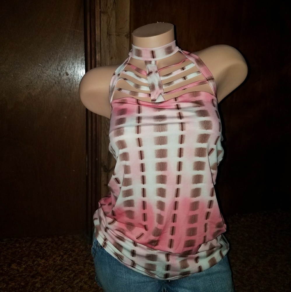 Plaid Bodycon Caged Open Tie Back Tank Top M