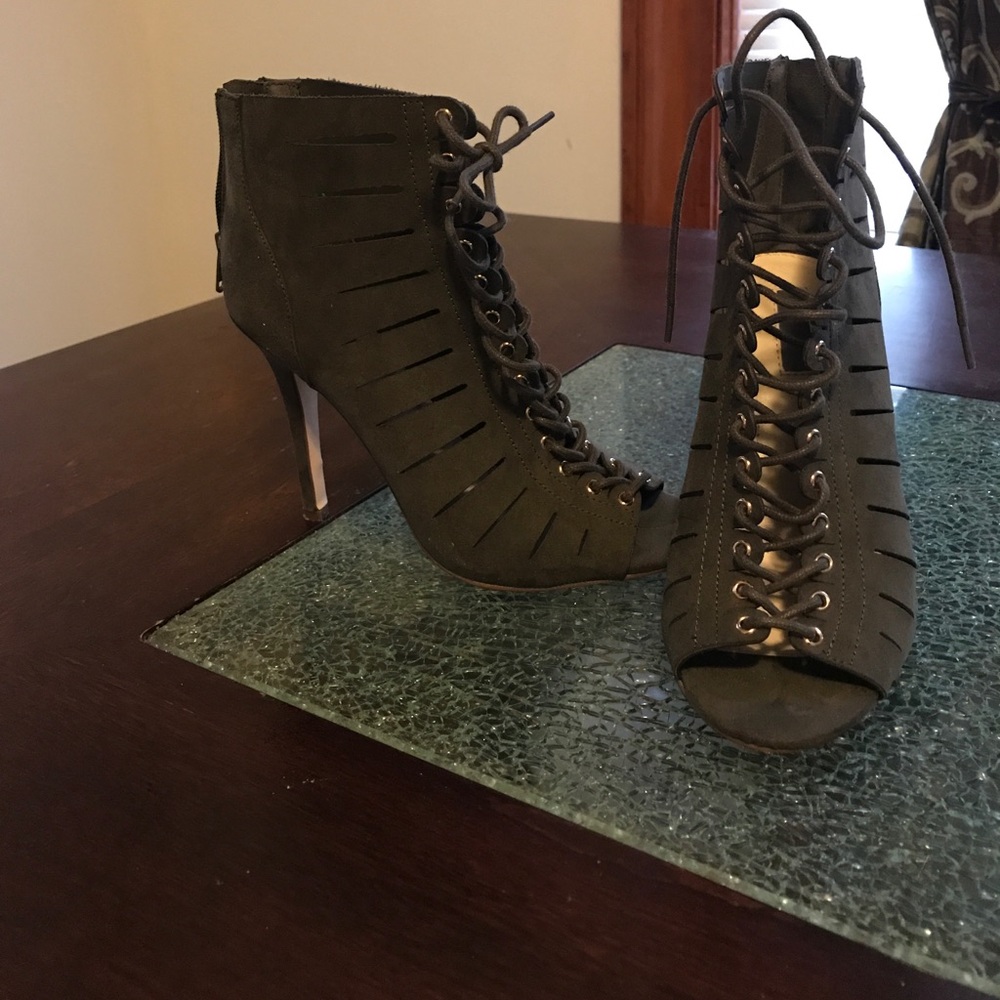 Olive green lace up heeled booties worn once
