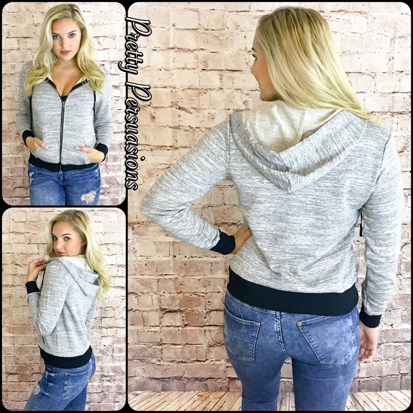 Gray & Black Zip Up Hooded Sweater Jacket - Picture 3 of 6