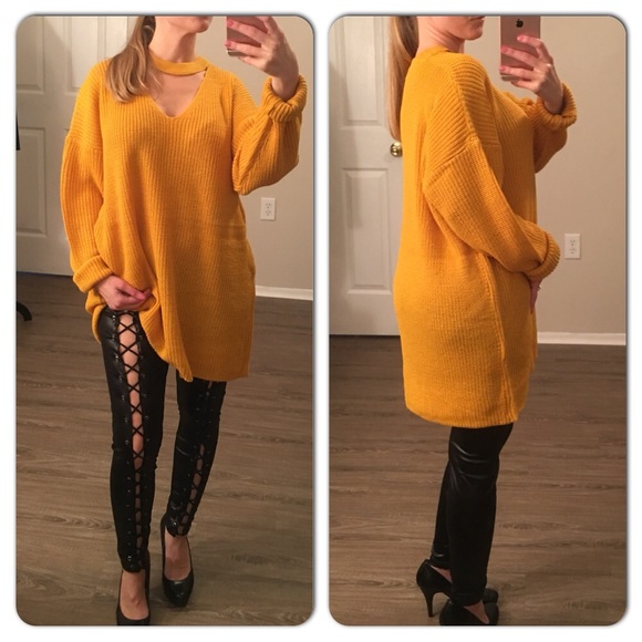 Oversized V-neck Choker Sweater Mustard Color - Picture 2 of 7