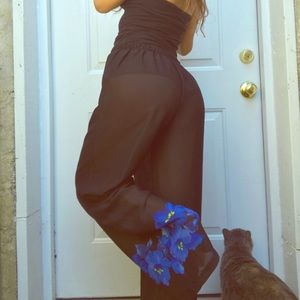 Vintage Black Sheer Blue Flowered Ankled Pants