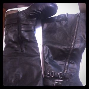 Black leather knee high boots
