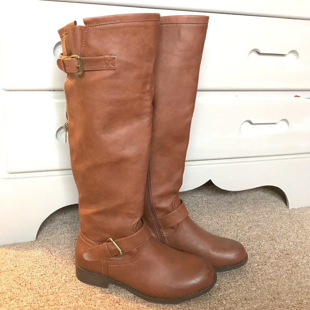 Brown Faux Leather Riding Boots- 8 Wide Calf