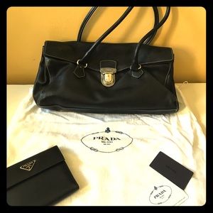 Authentic PRADA black leather satchel w/wallet
