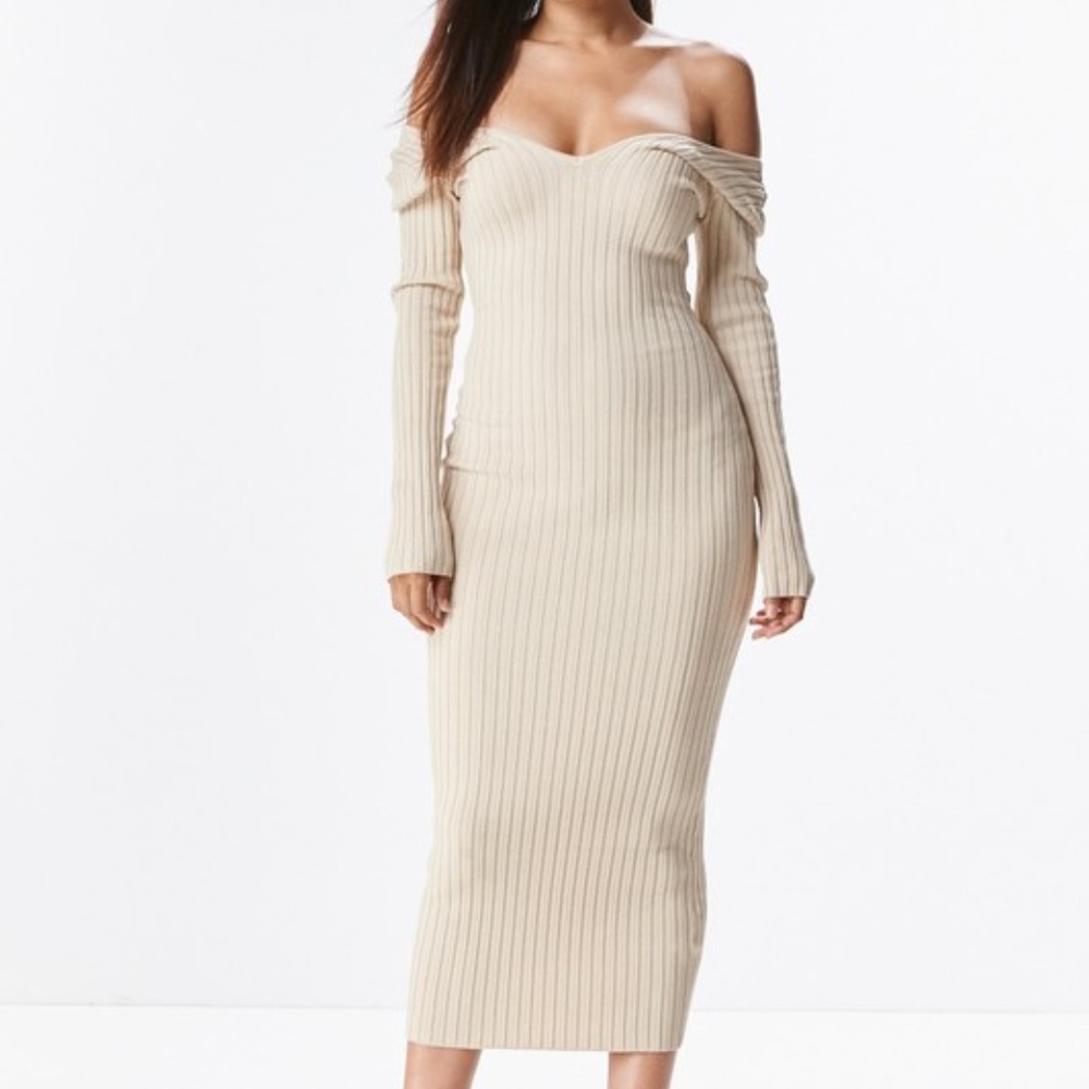 NEW Off The Shoulder Ribbed Cream Midi Dress