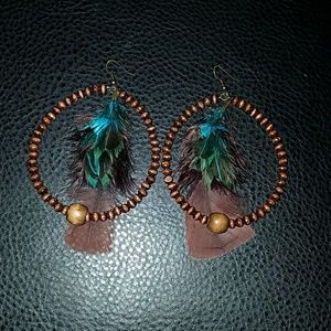 Handcrafted hoop wooden & feather earrings