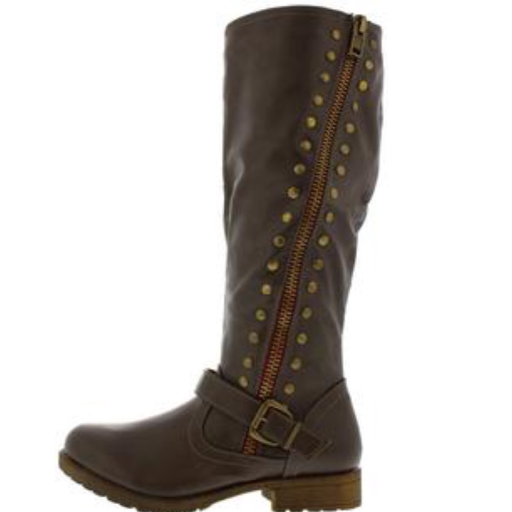 Tall Brown riding boots with red zipper size 8