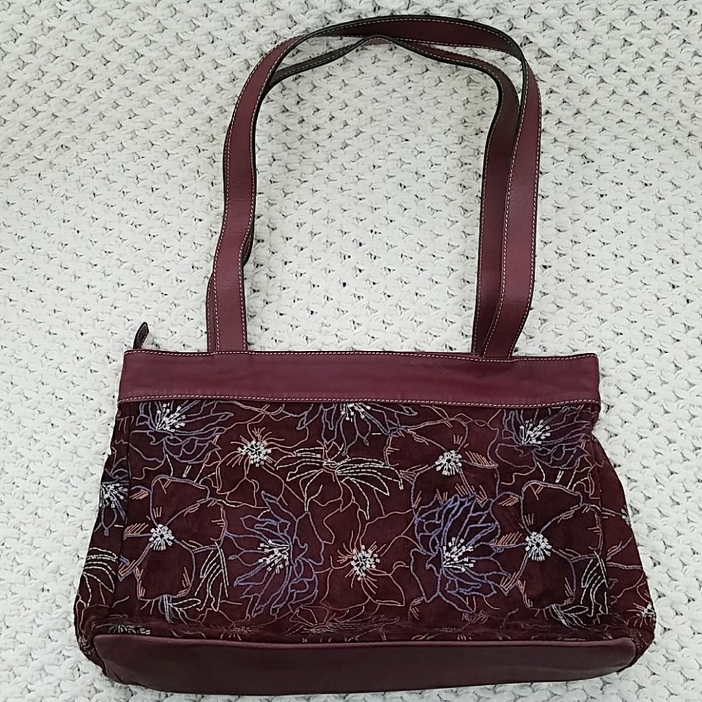 Burgundy printed suede tote