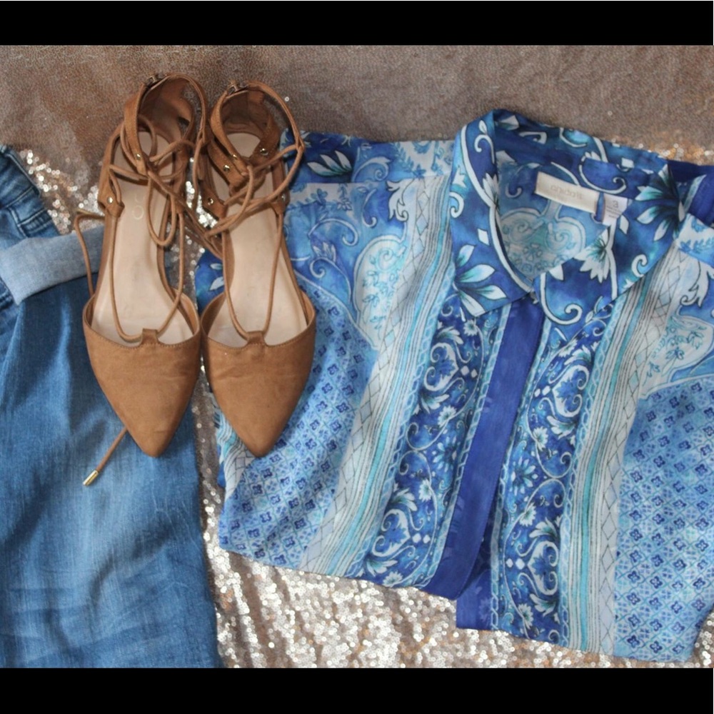 Chico’s semi sheer blue button up shirt.