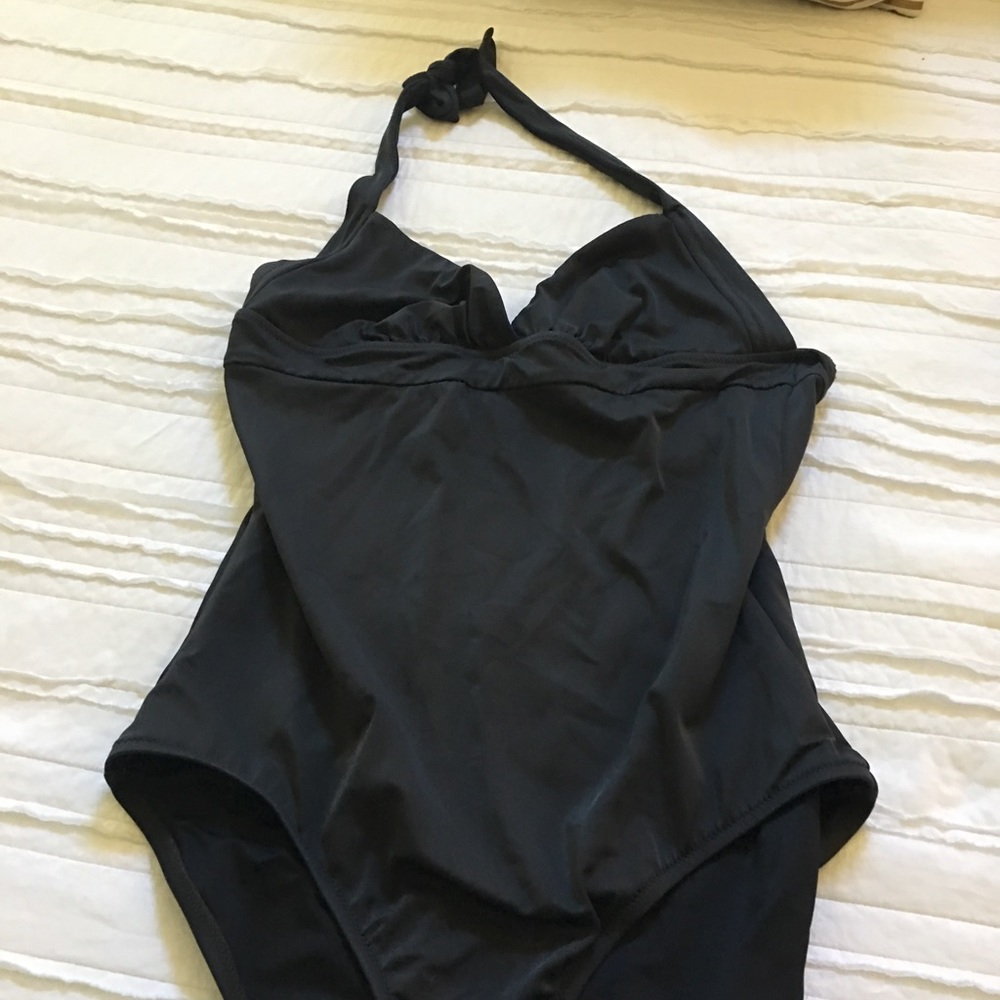 J. Crew black halter bathing suit.