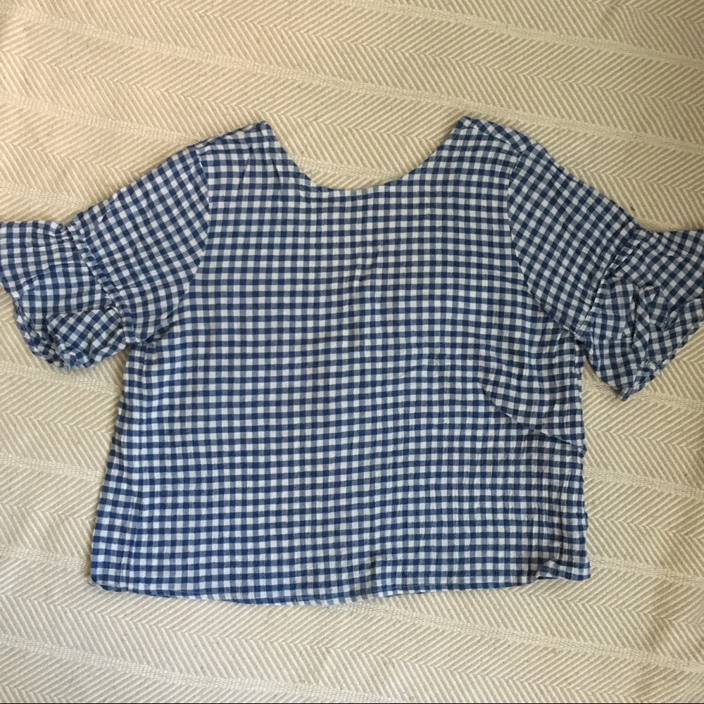 Blue and white gingham ruffle top
