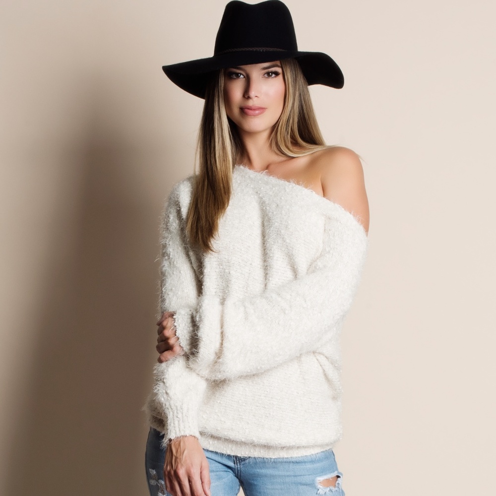 Super Soft Fuzzy Off Shoulder Sweater - Picture 1 of 3