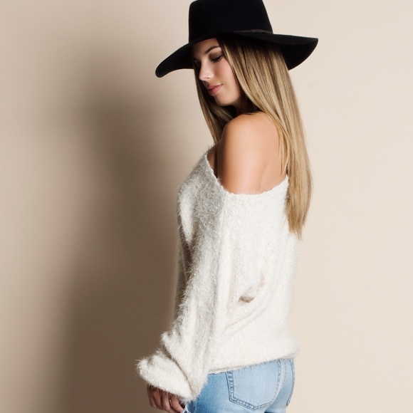 Super Soft Fuzzy Off Shoulder Sweater - Picture 2 of 3