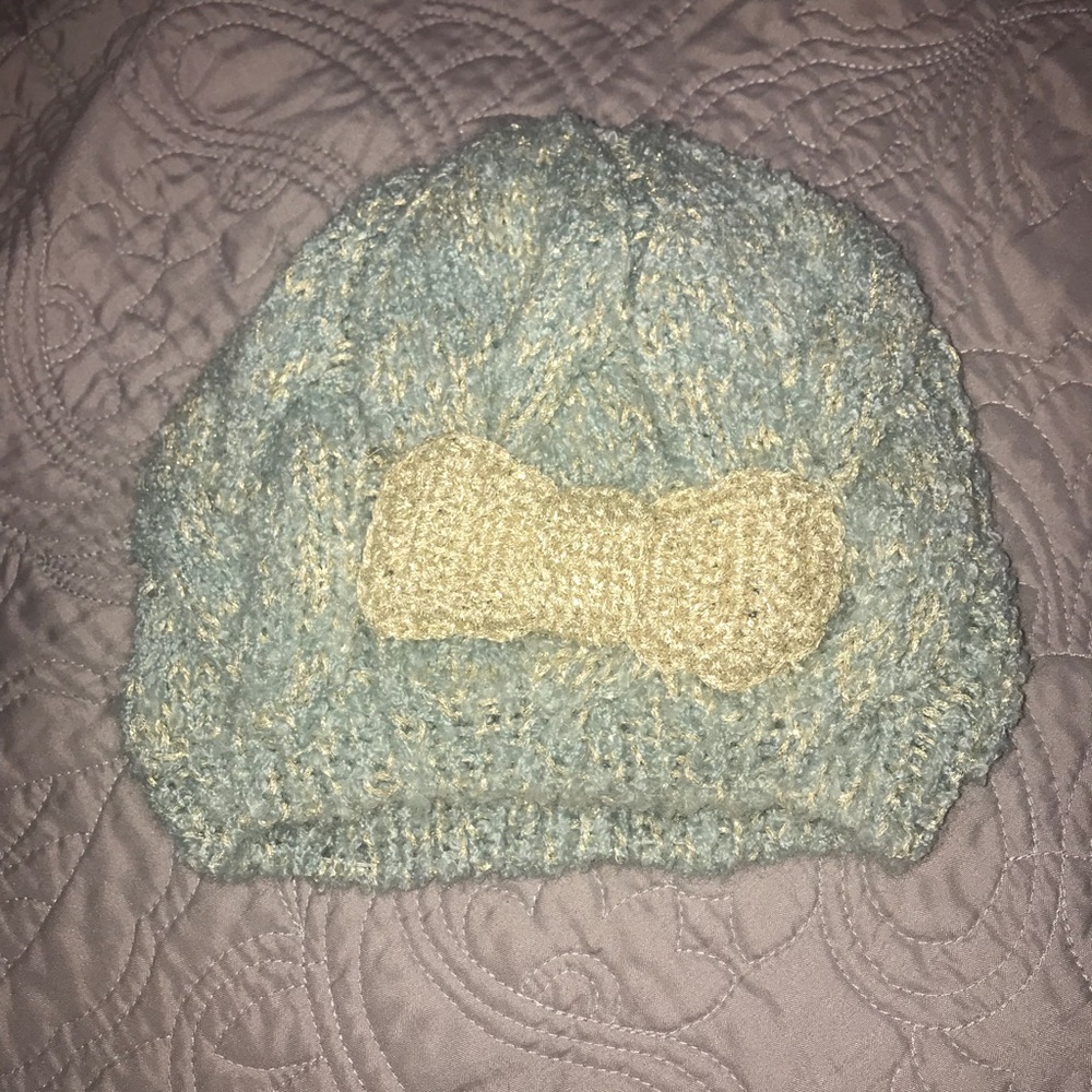 Sparkly Mint and Gold Knit Hat with Bow