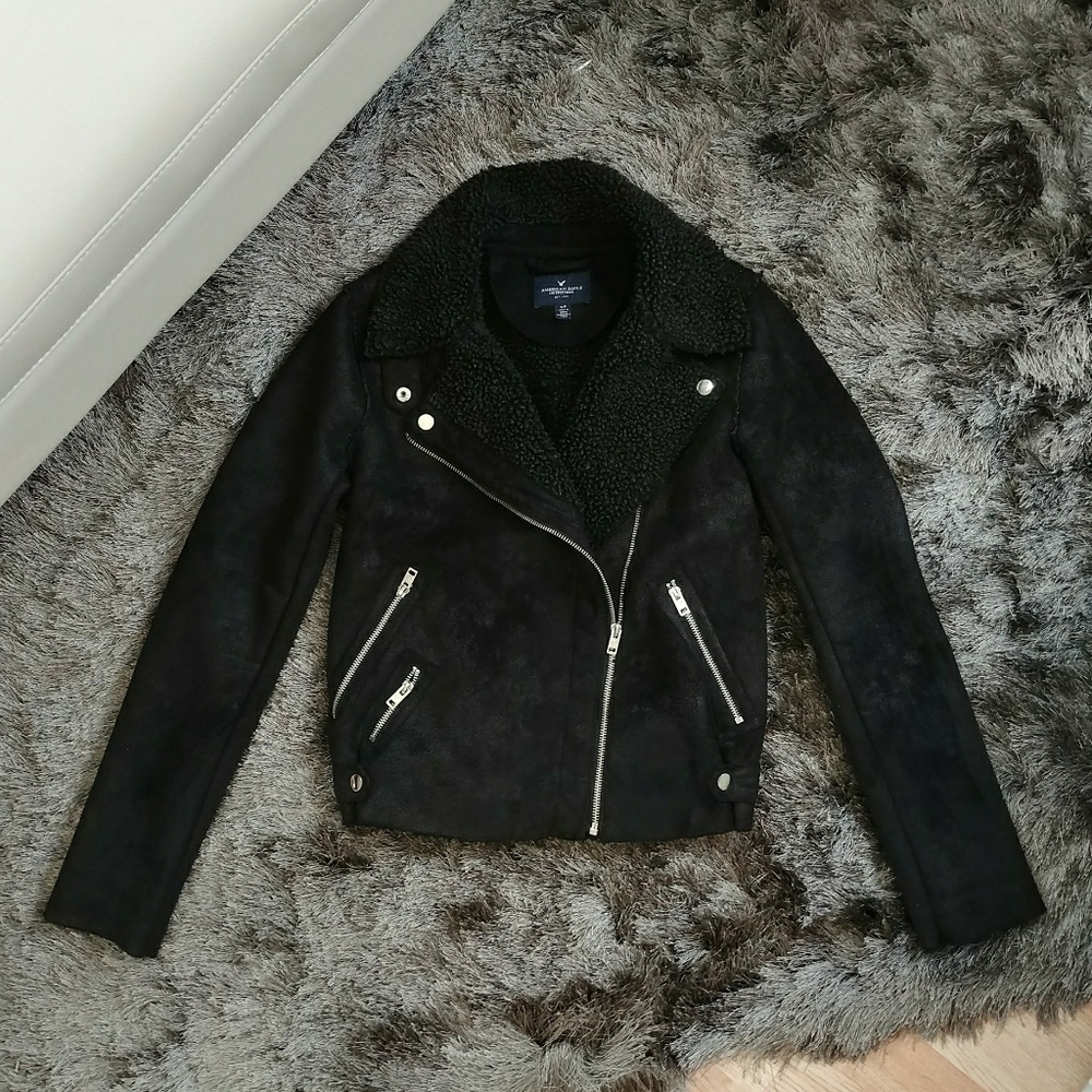 American Eagle Black Sherpa Suede Moto Jacket