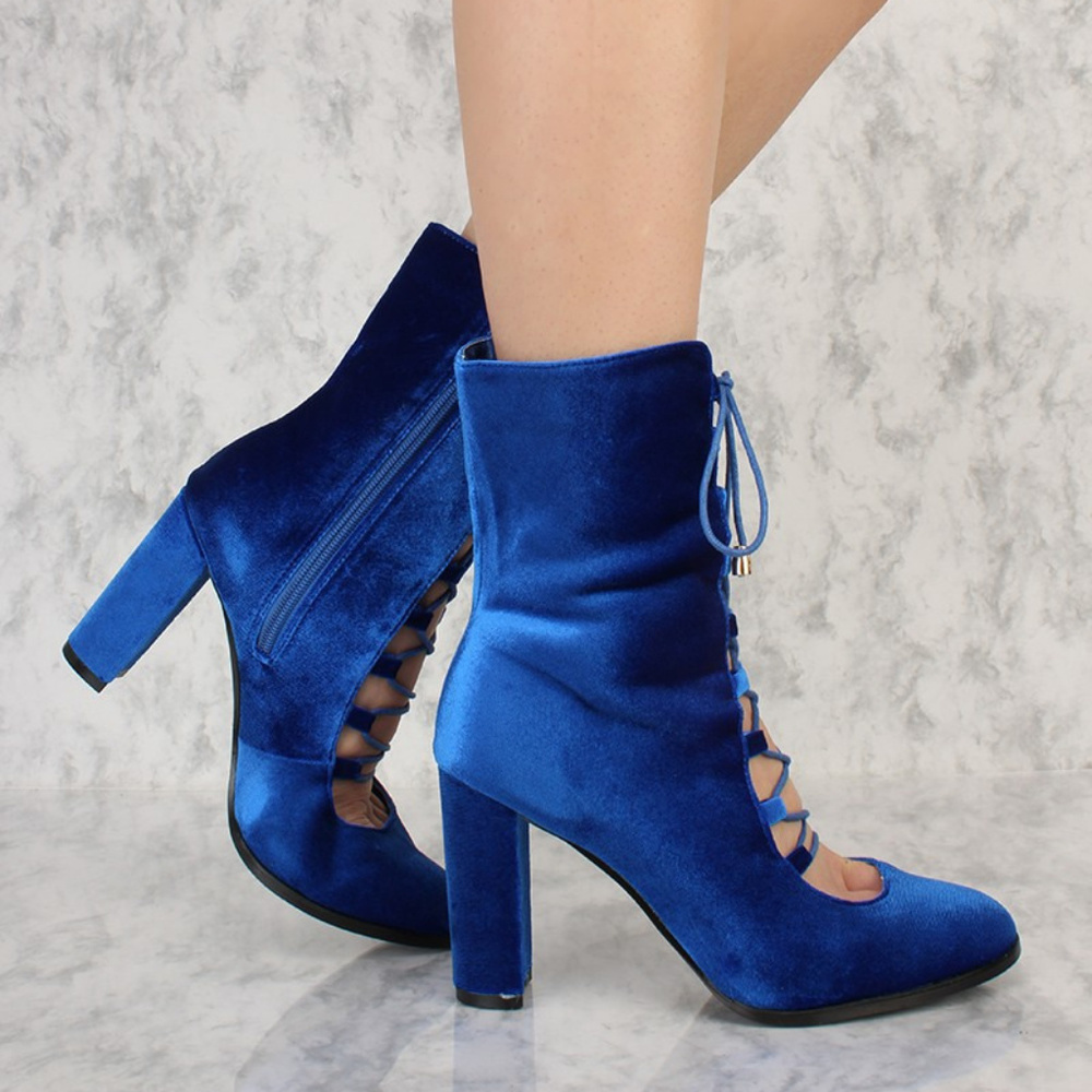 Royal Blue Velvet Pointy Toe  Chunky Heel Booties
