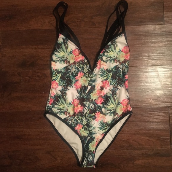 ASOS Lotus Palm Print Plunge One Piece Swimsuit - Picture 5 of 7