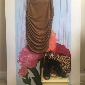 Calf Length Camel Suede Ruched Skirt