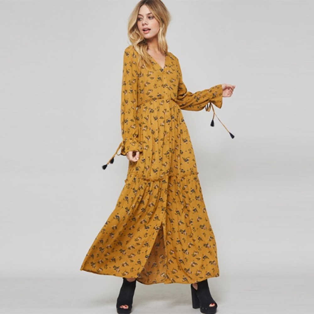 Flower print tassel tie maxi dress - Mustard