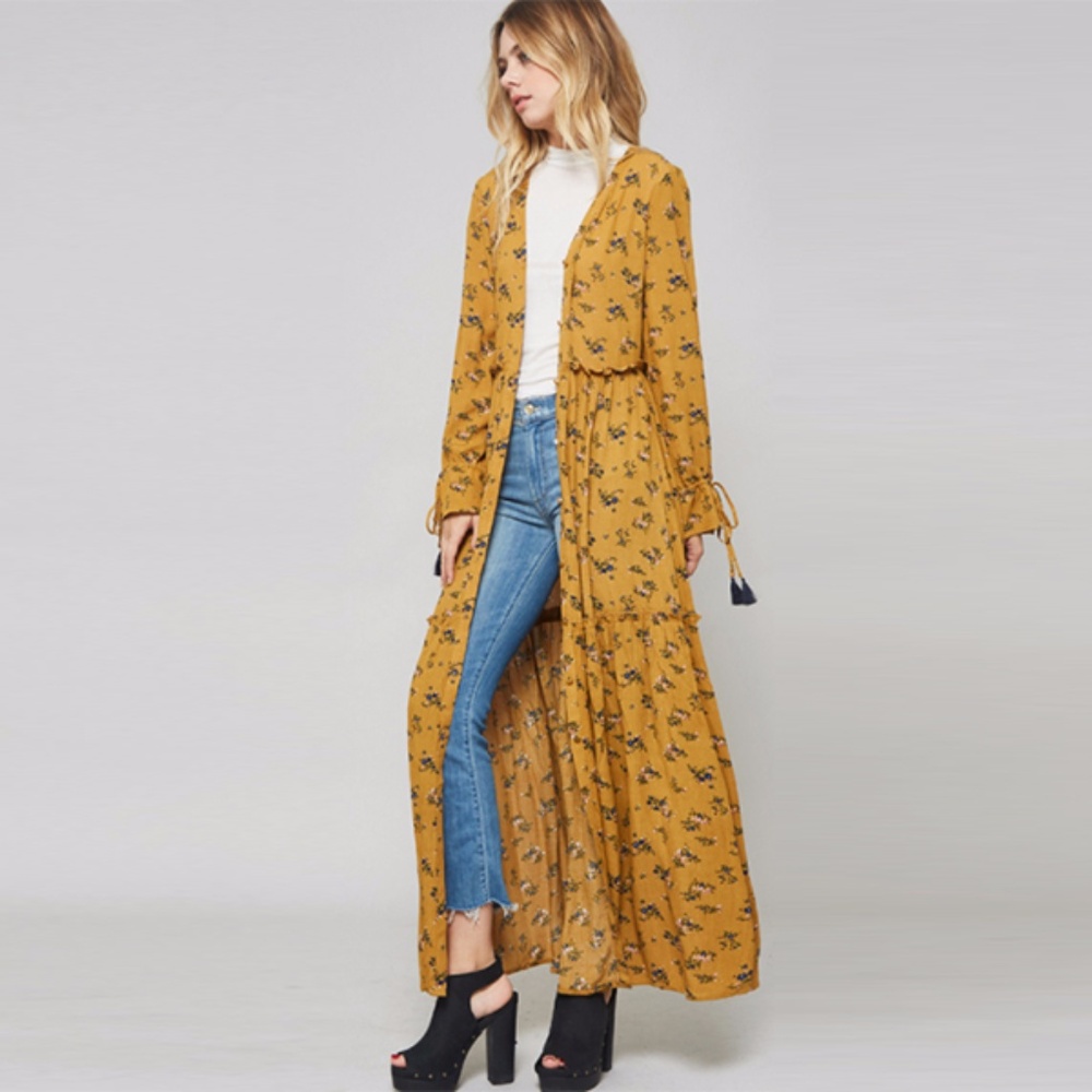 Flower print tassel tie maxi dress - Mustard