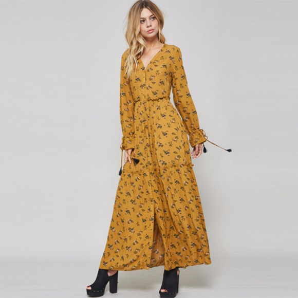 Flower print tassel tie maxi dress - Mustard - Picture 7 of 8