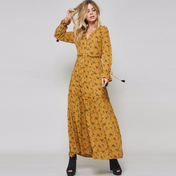 Flower print tassel tie maxi dress - Mustard - Picture 6 of 8