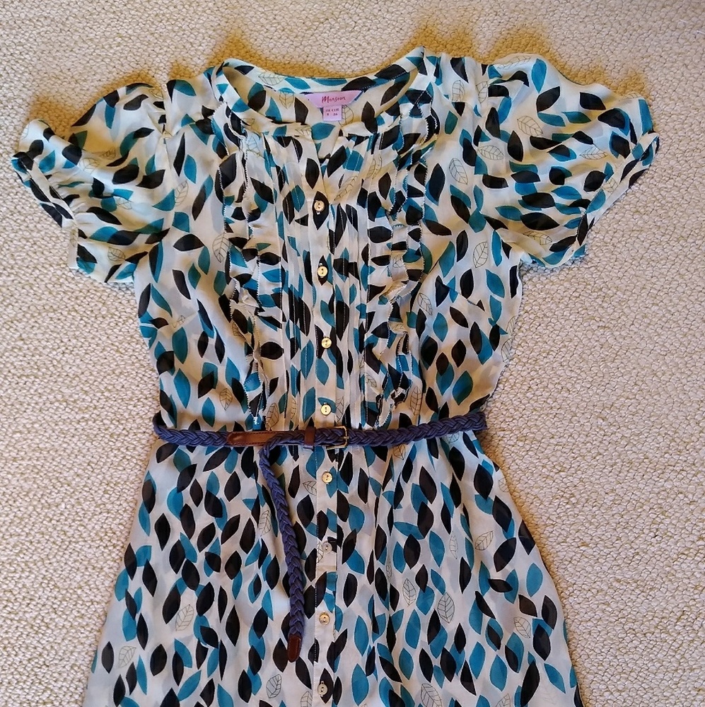 Off white, blue-green and black leaves dress