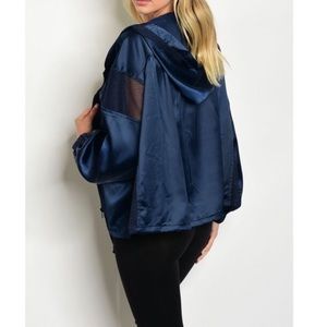 NWT Satin Finish Mesh Cutout Navy Blue Utility Jacket W/ Hood Sz Small & Medium