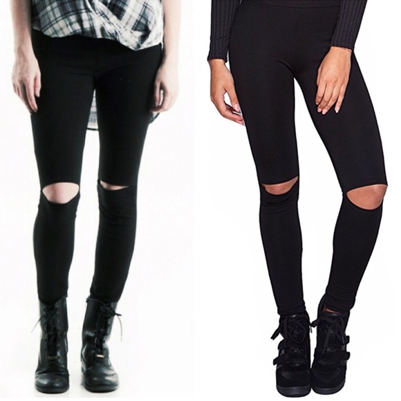 BLACK HIGH WAISTED LEGGINGS WITH CUT OUT KNEES - Picture 2 of 5