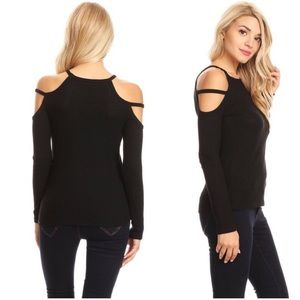 NWT Black Waffle Knit Open Shoulder Long Sleeve Top