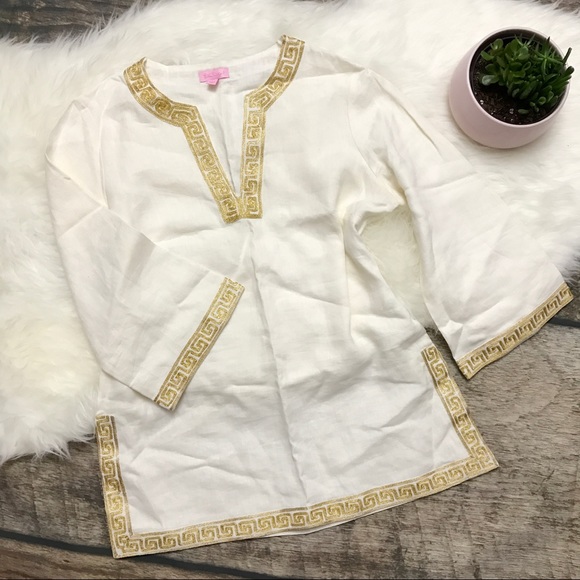 Lilly Pulitzer Tops - LILLY PULITZER Linen Bellini Tunic Gold Embroidery