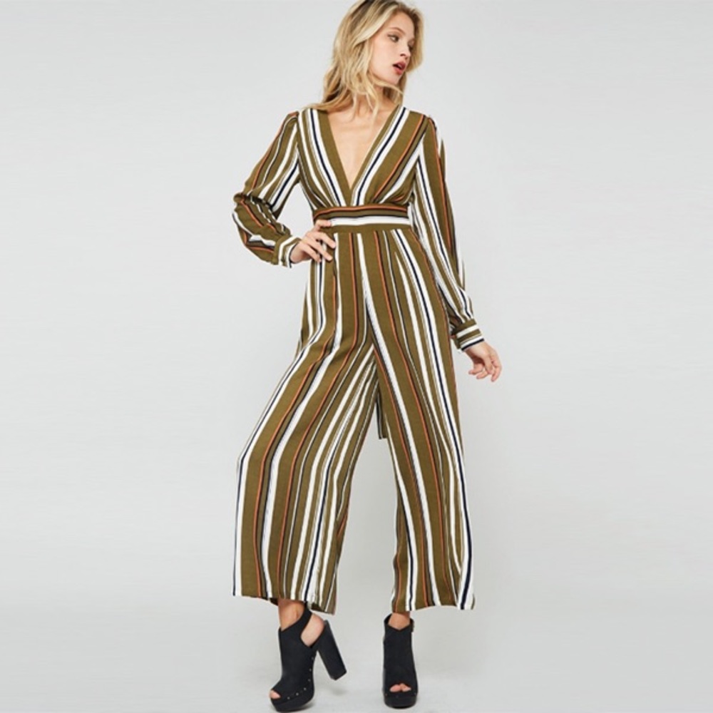 Pre-order. Striped self tie straps jumpsuit -Olive