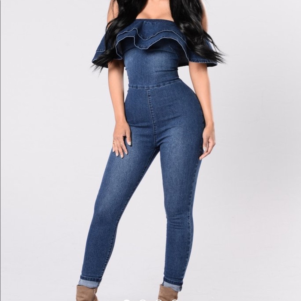 Off shoulder blue jean jumpsuit