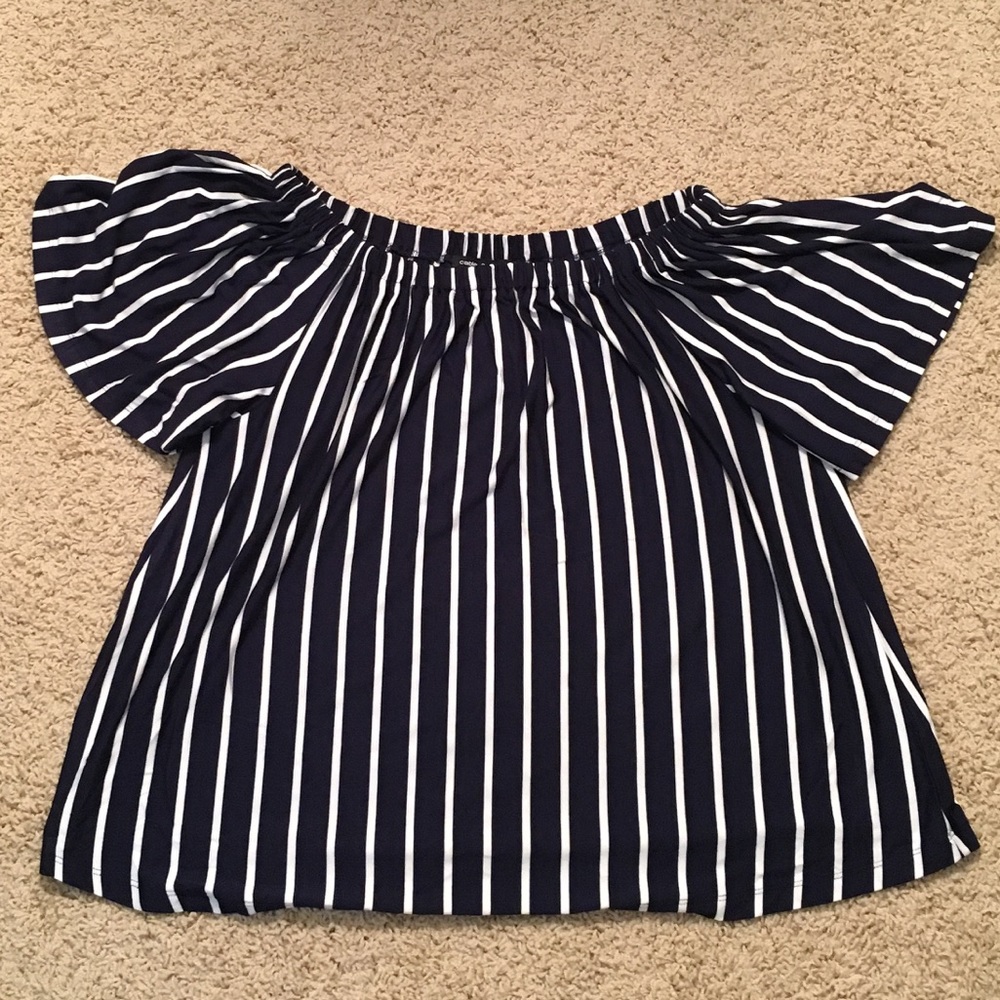 Navy and White Striped Off the Shoulder Top