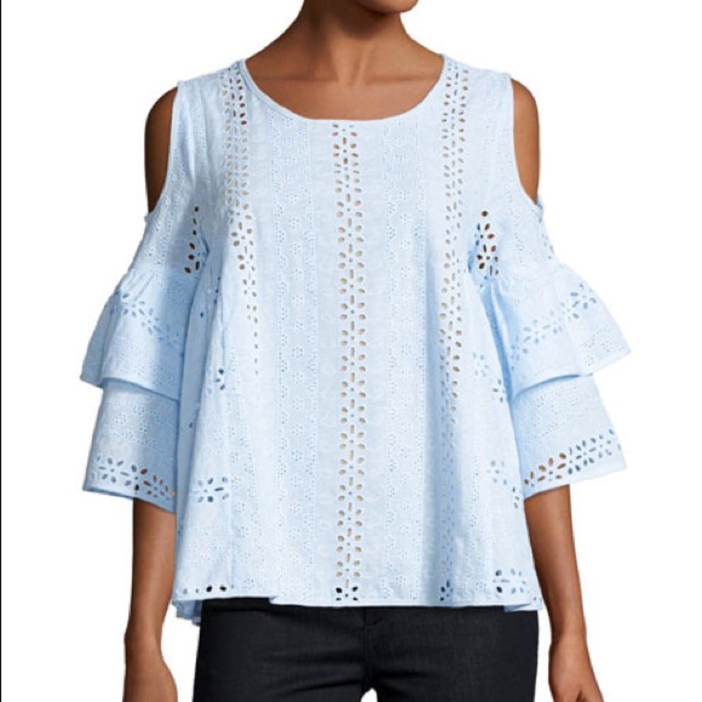 Eyelet-Lace Cold-Shoulder Top, Light Blue