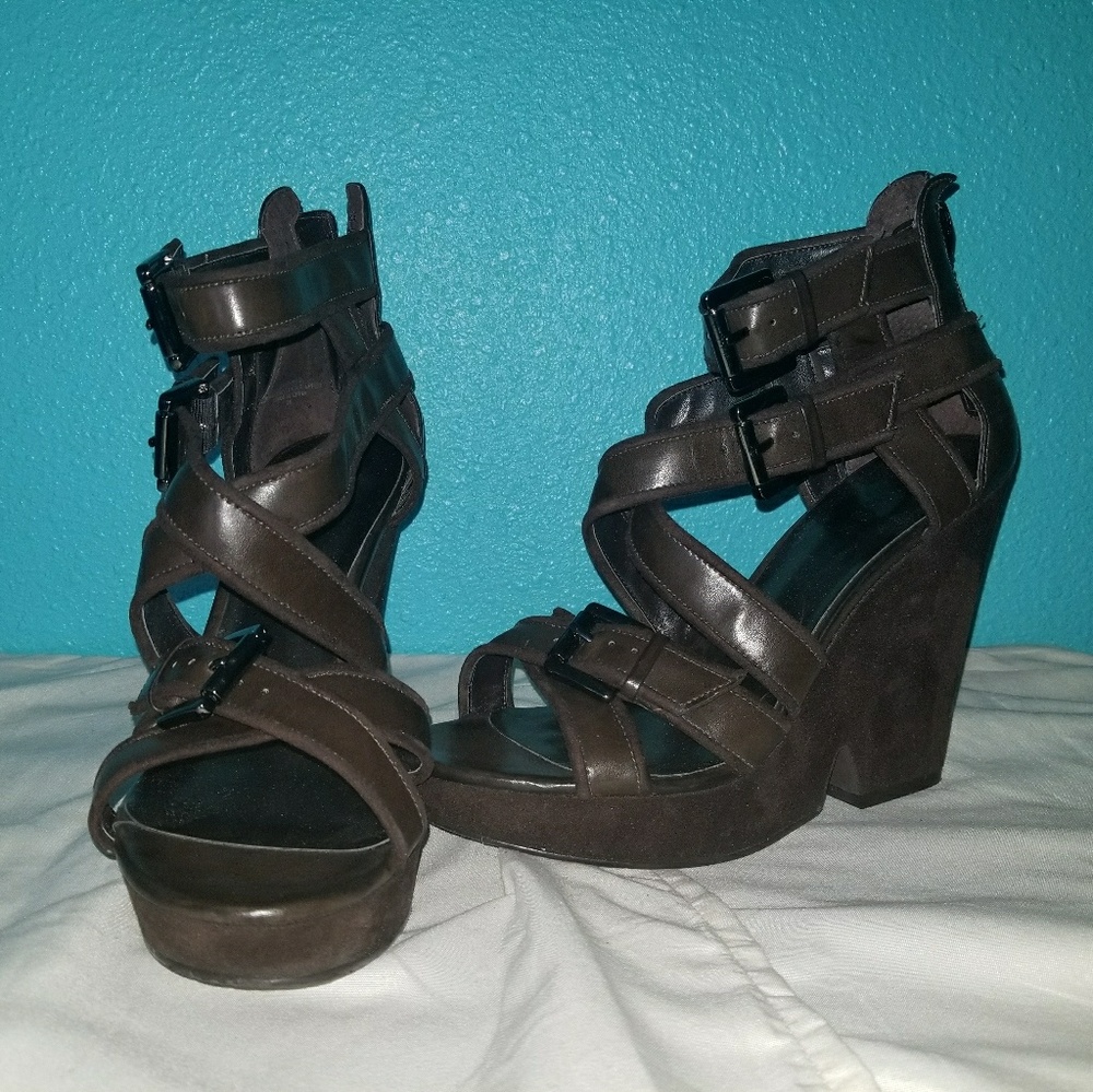 Brown leather and suede wedges