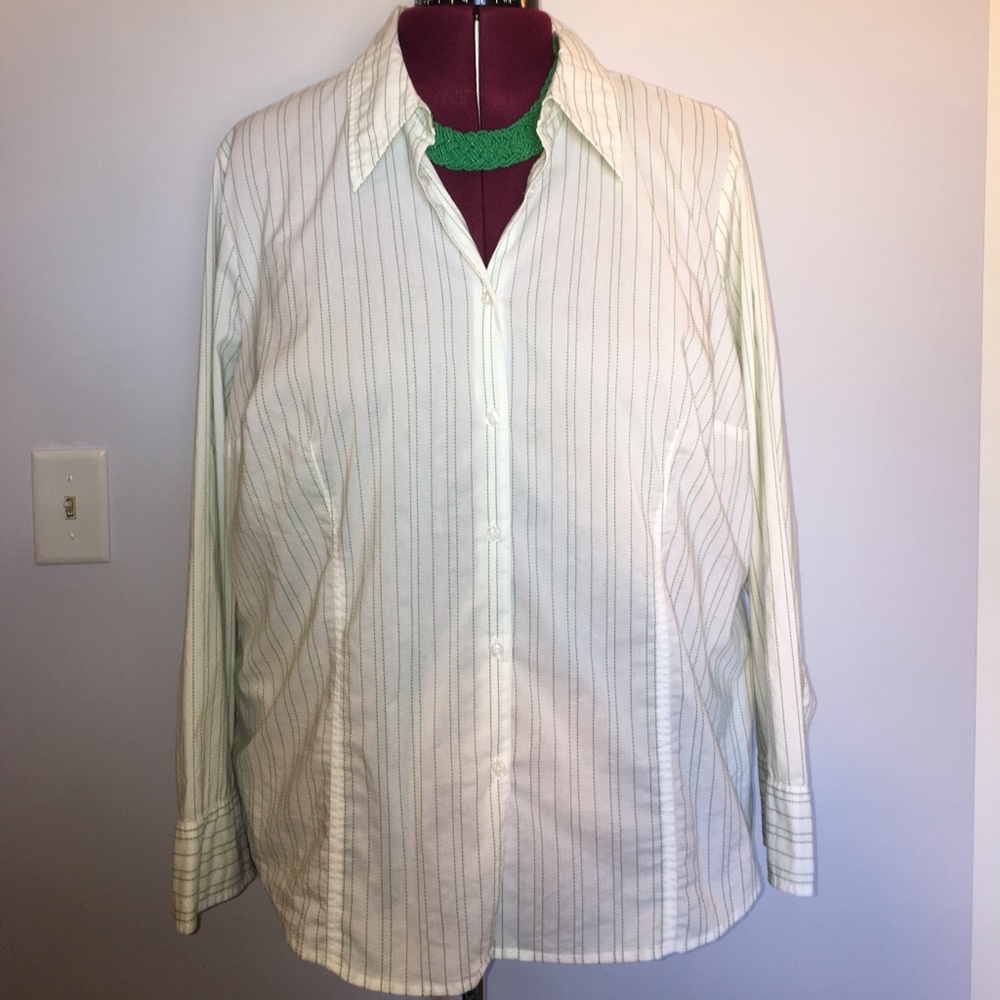 Lane Bryant Green Pinstriped Button Down Shirt