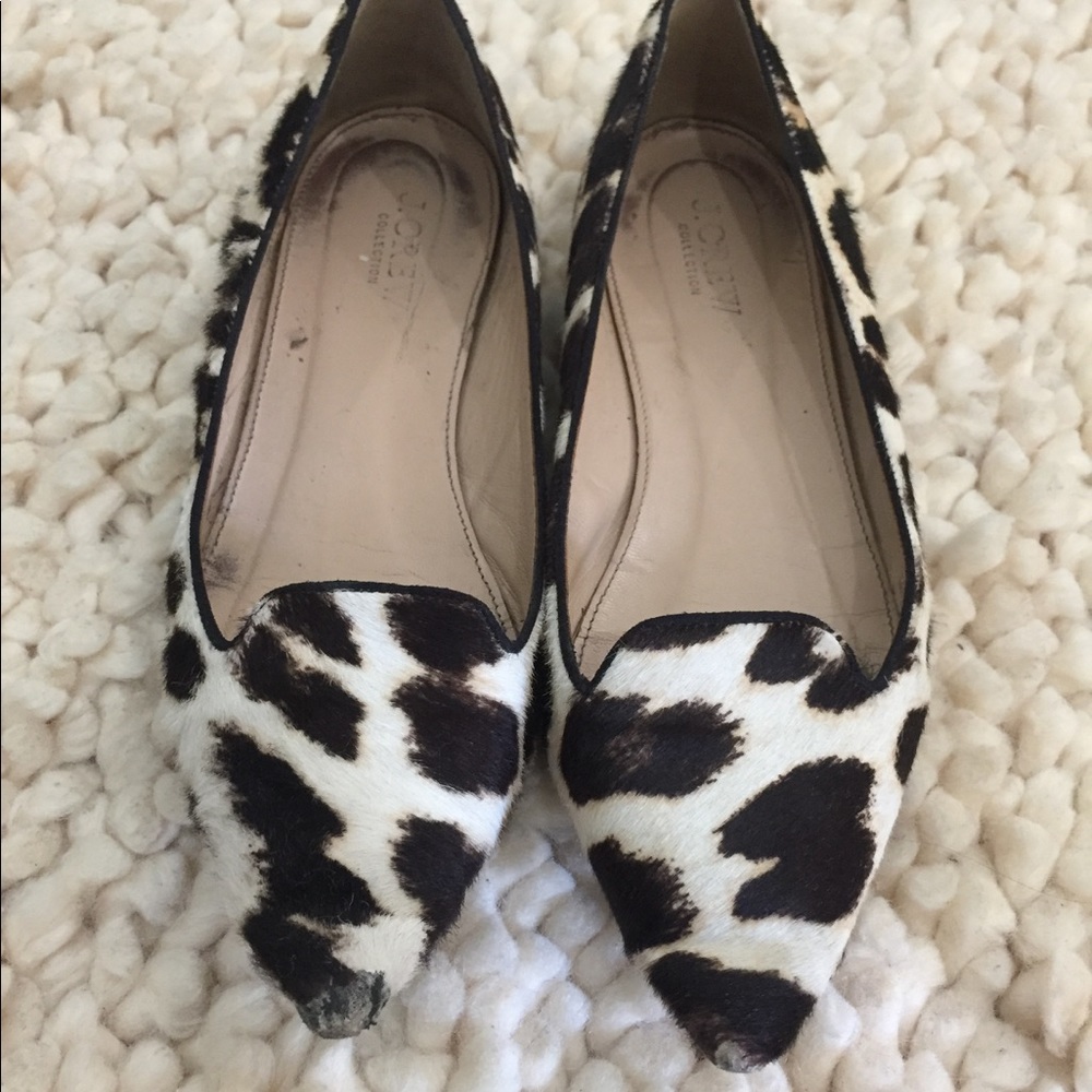 J crew saddle black animal print calf hair flats