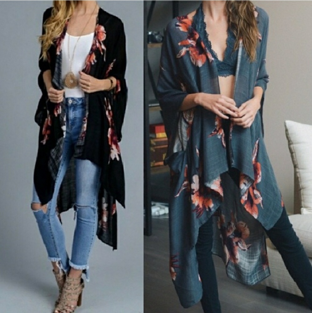 Floral Print Kimono Shawl-Black - Picture 3 of 5