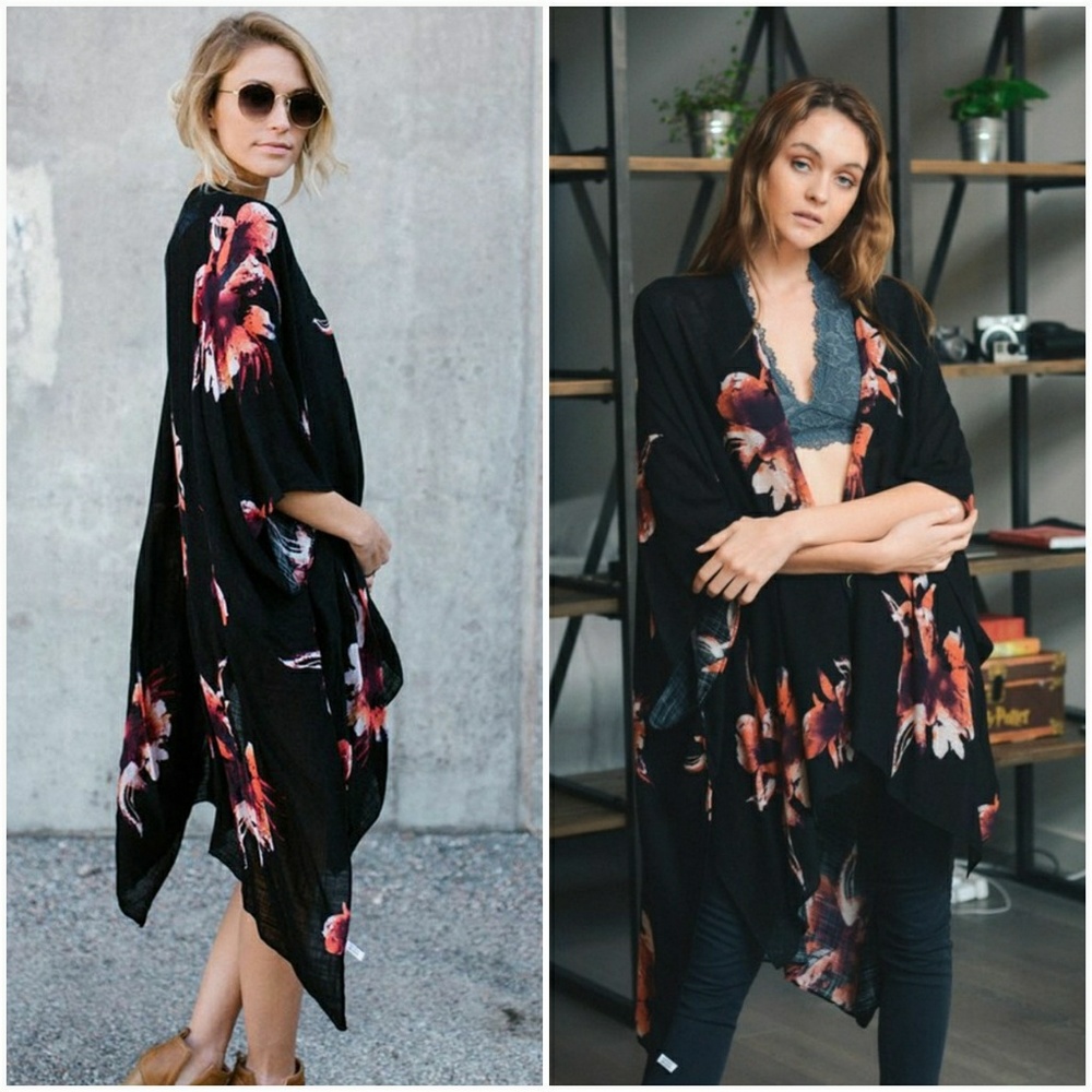 Floral Print Kimono Shawl-Black - Picture 2 of 5