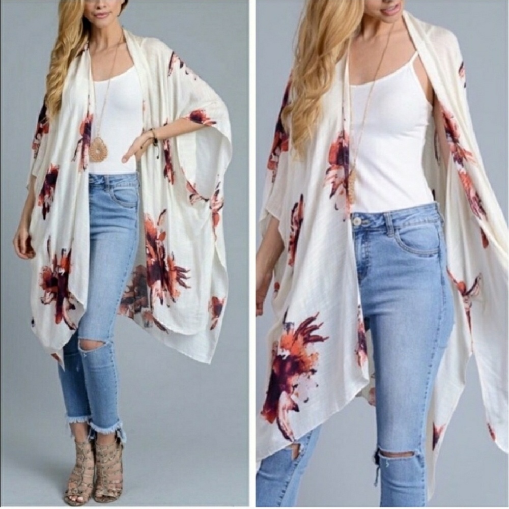 Floral Print Kimono Shawl-Black - Picture 4 of 5