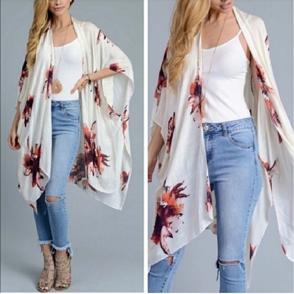 Floral Print Kimono Shawl-Black - Picture 4 of 5