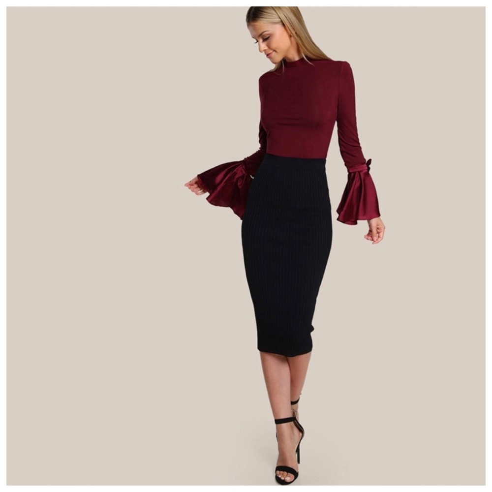 Burgundy Wine Satin Flare Sleeve Mockneck Top - Picture 2 of 5