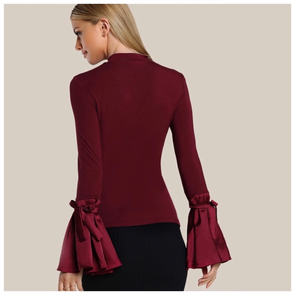 Burgundy Wine Satin Flare Sleeve Mockneck Top - Picture 4 of 5