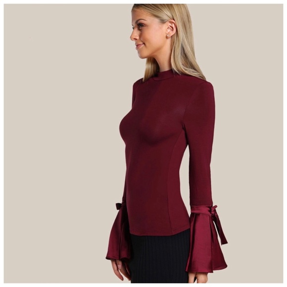 Burgundy Wine Satin Flare Sleeve Mockneck Top - Picture 3 of 5