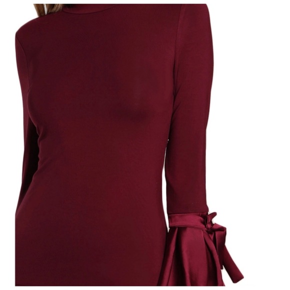 Burgundy Wine Satin Flare Sleeve Mockneck Top - Picture 5 of 5