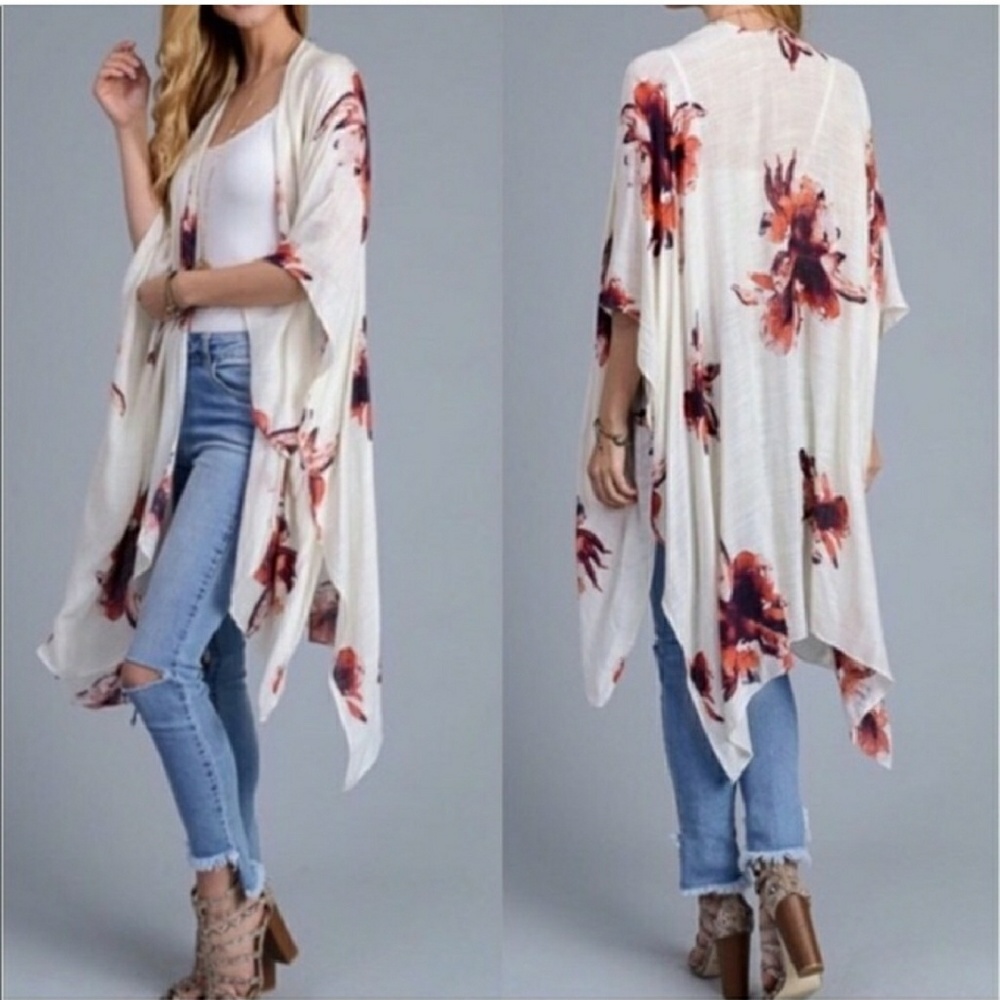 Floral Print Kimono Shawl-Cream - Picture 2 of 5