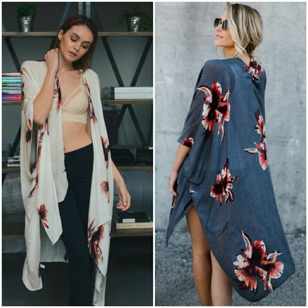 Floral Print Kimono Shawl-Cream - Picture 3 of 5